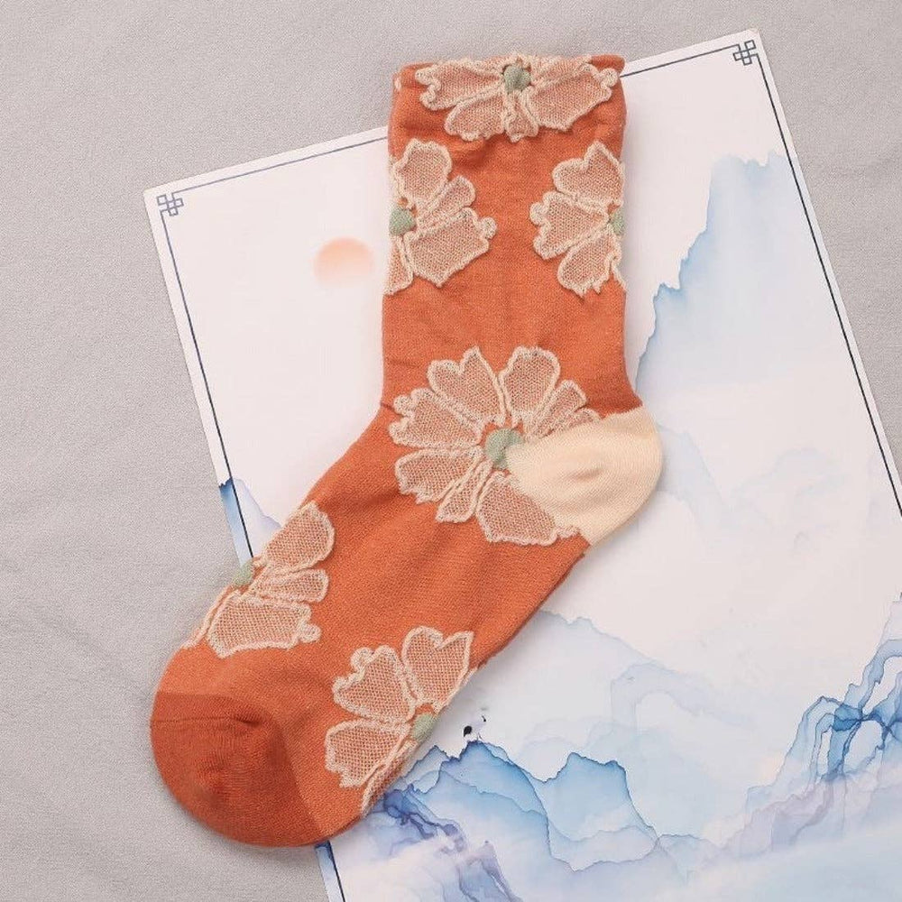 Embossed Women's Socks - Orange Florals