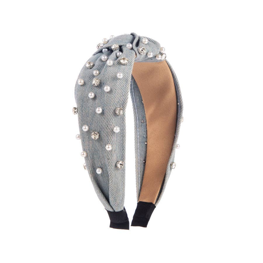 
                  
                    Pearl + Rhinestone Denim Top Knot Headband
                  
                