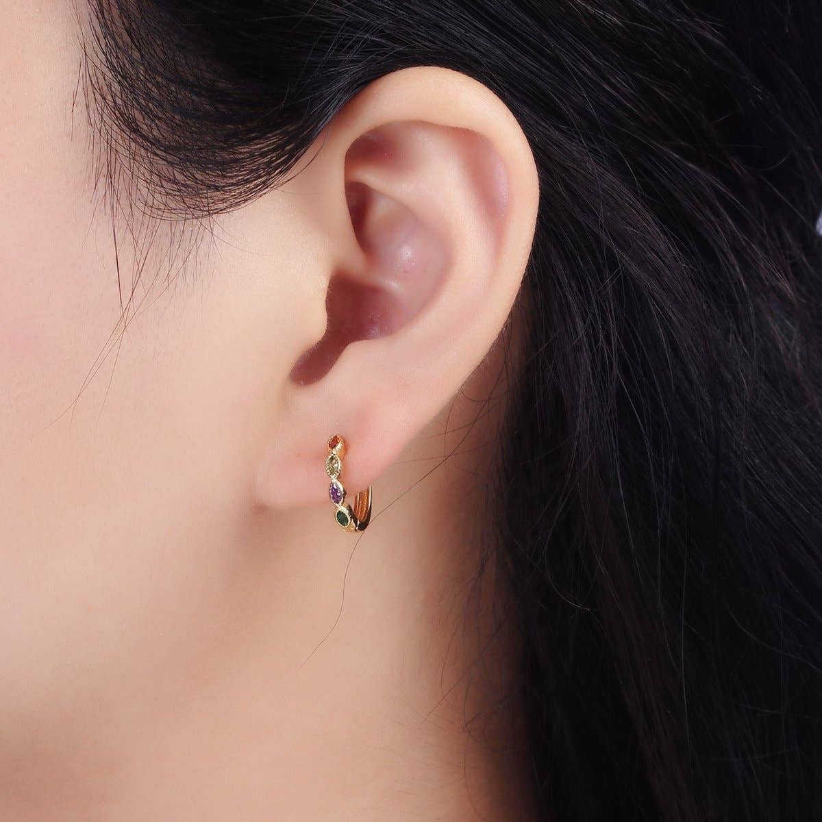 
                  
                    14K Gold Filled Multicolor Marquise CZ Lined 13mm Huggie Earrings | V084
                  
                