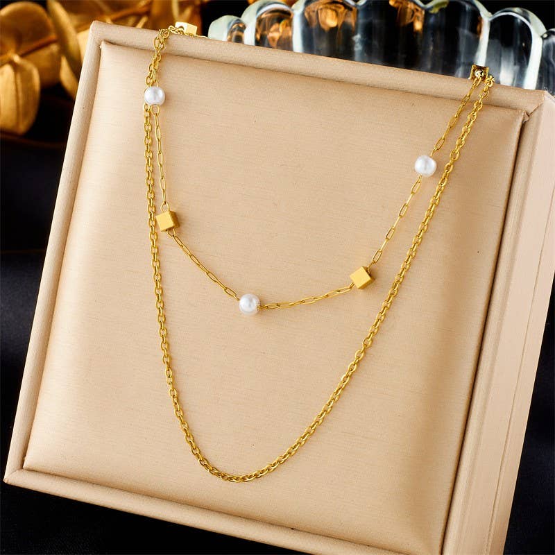 
                  
                    Box Bead and Pearl Double Layered Necklace
                  
                