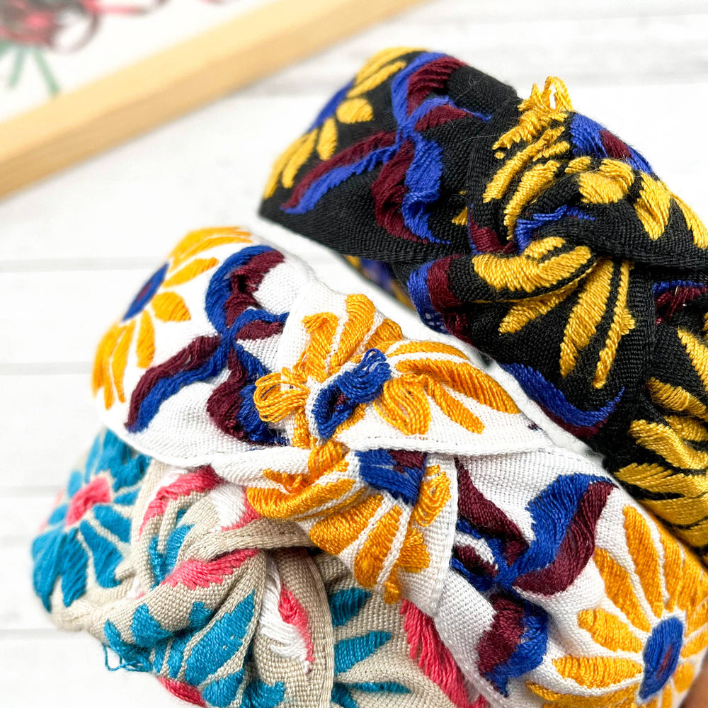 Embroidered Coneflower Knotted Headband