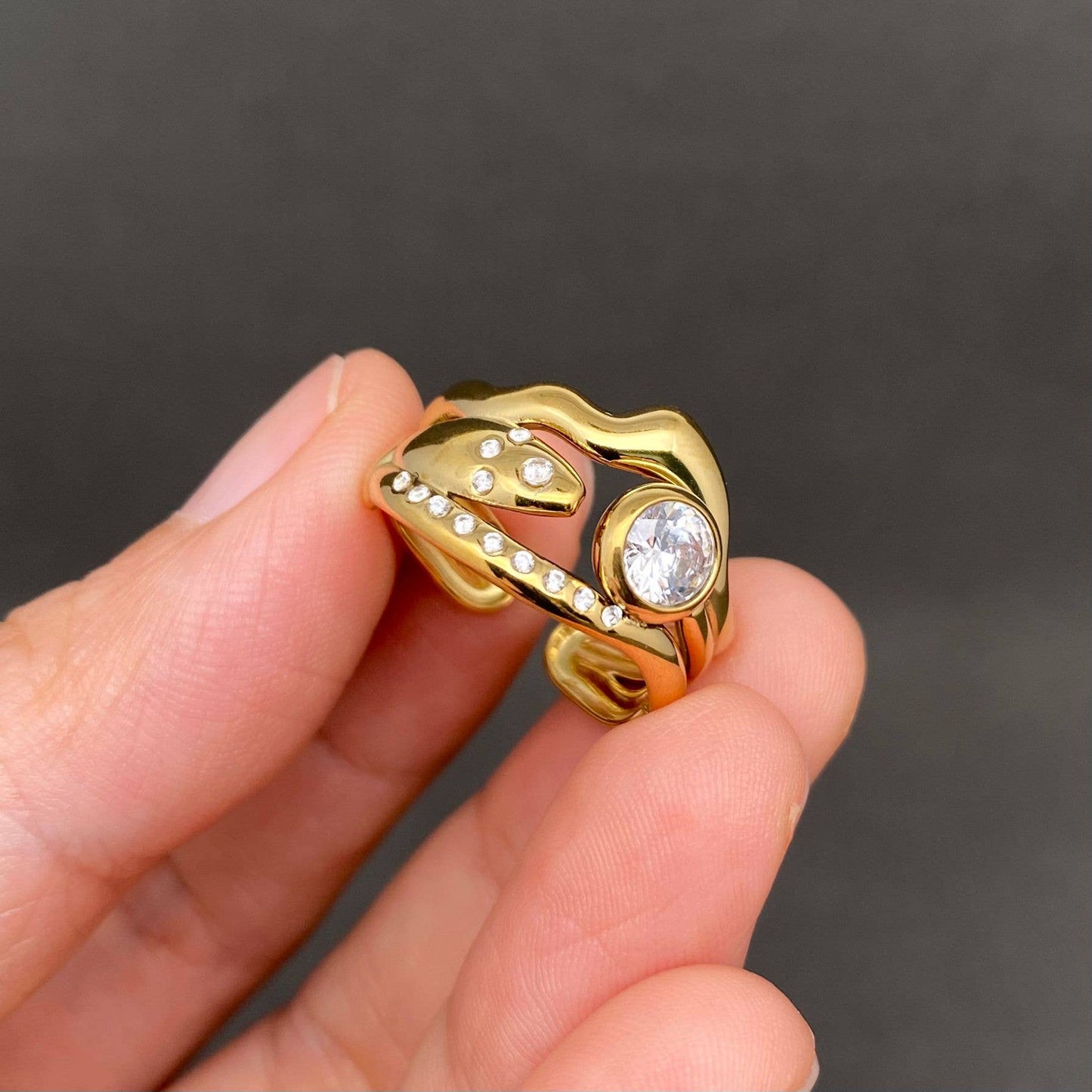 
                  
                    Zircon Inlaid Squiggly Fish Ring
                  
                
