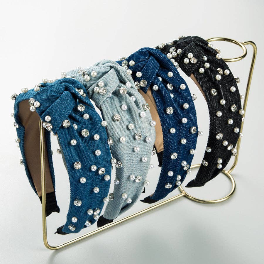 
                  
                    Pearl + Rhinestone Denim Top Knot Headband
                  
                