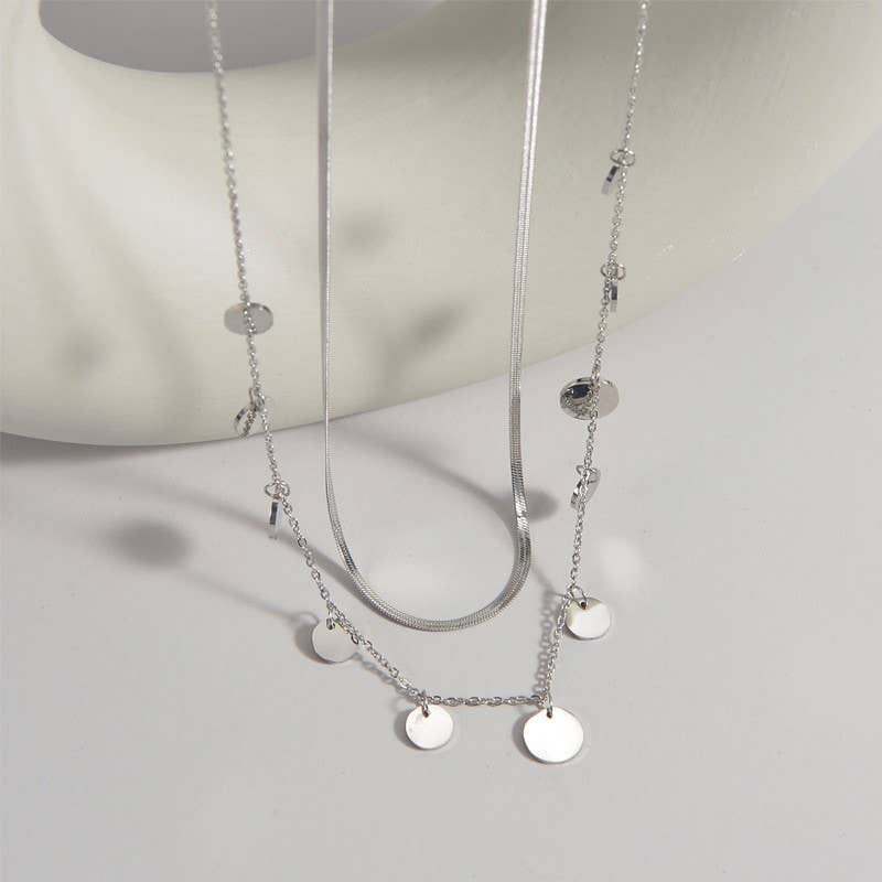 Herringbone and Discs Silver Layered Necklace