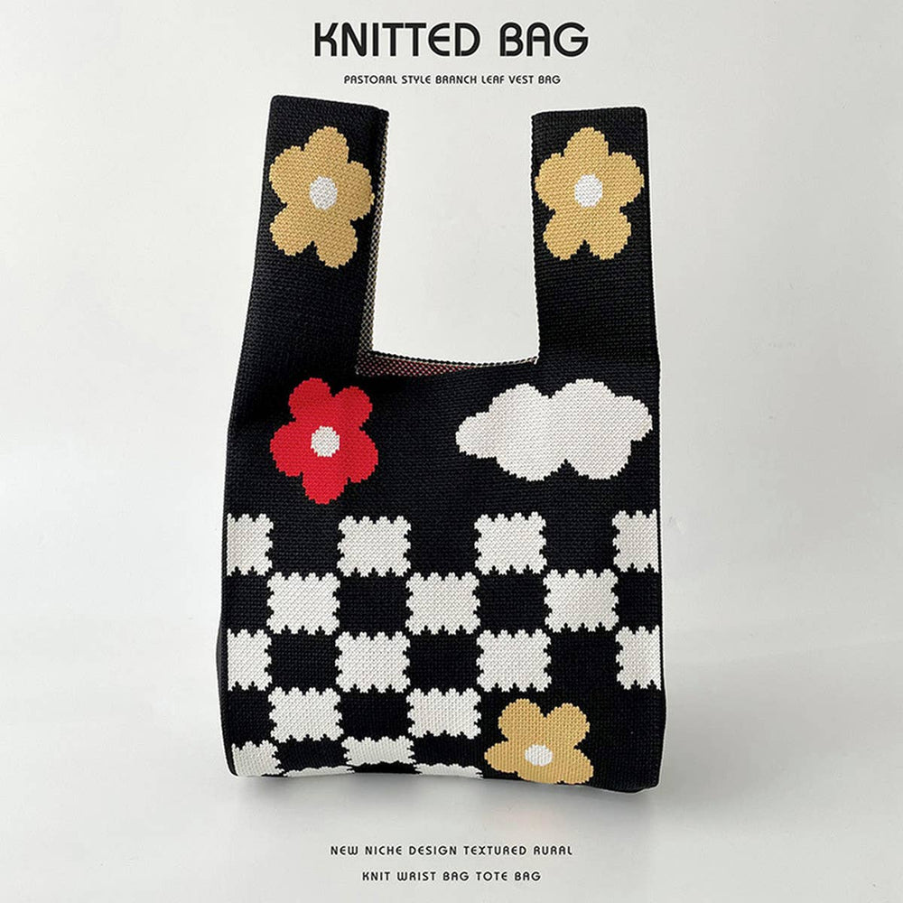 Knit Tote - Checkered Flowers