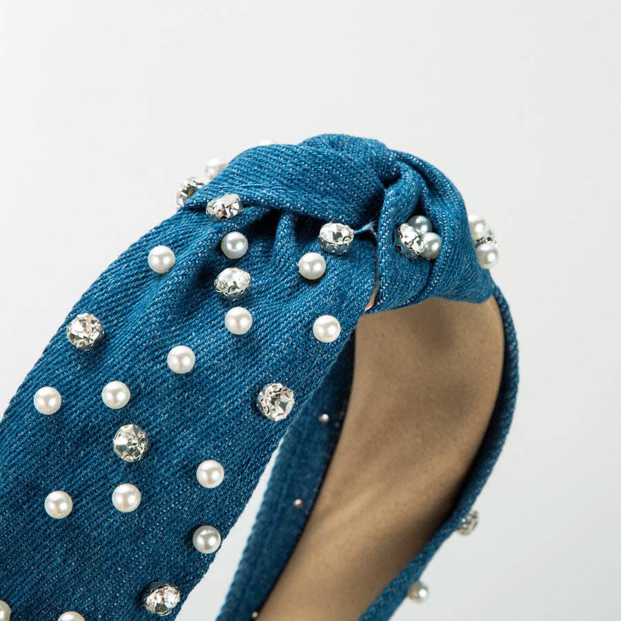 
                  
                    Pearl + Rhinestone Denim Top Knot Headband
                  
                