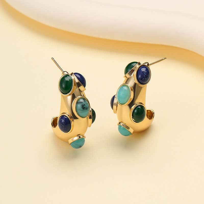 
                  
                    Cabochon Inlayed Chunky Crescent Hoop Earrings
                  
                