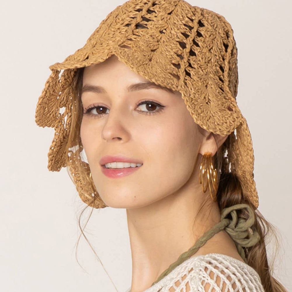 Floral Brim Beach Crochet Straw Bucket Hat