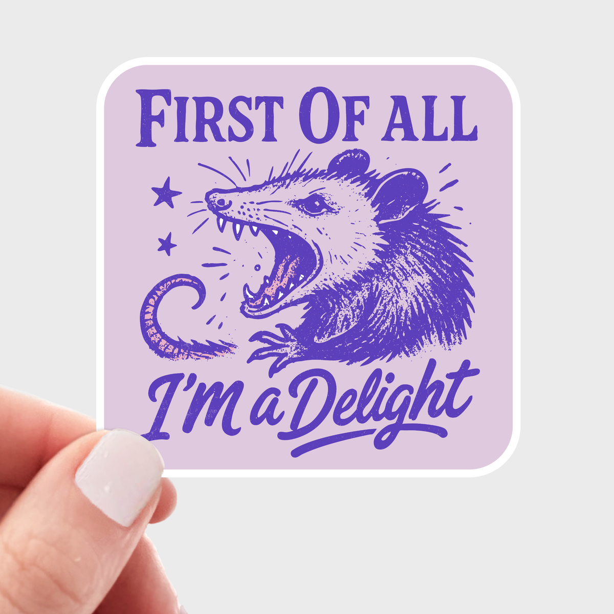 
                  
                    First of All I'm a Delight Opossum Sticker
                  
                