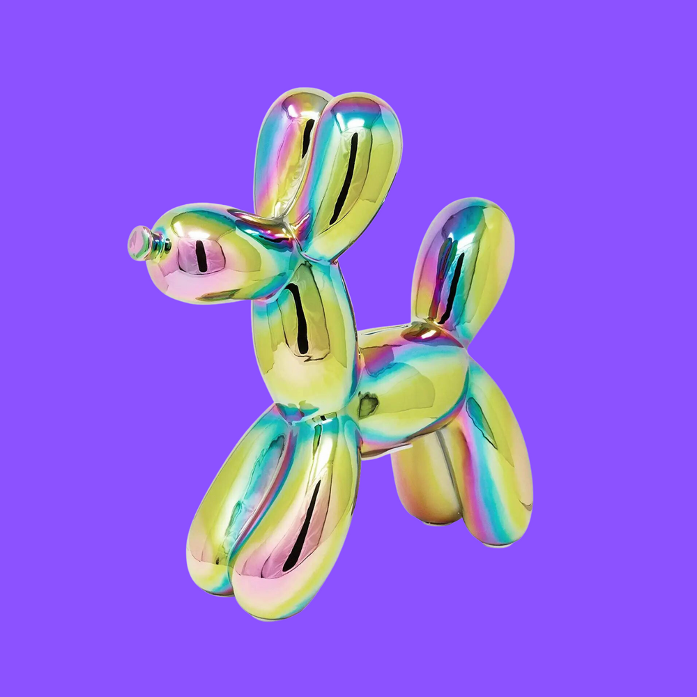 Jeff Koons inspired balloon dog piggy bank in iridescent color