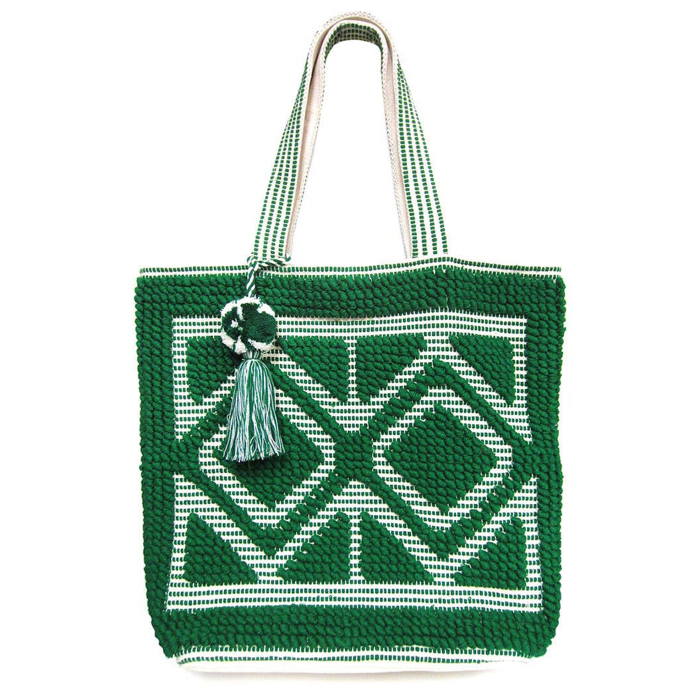 The boho woven pom pom tassel tote bag in green