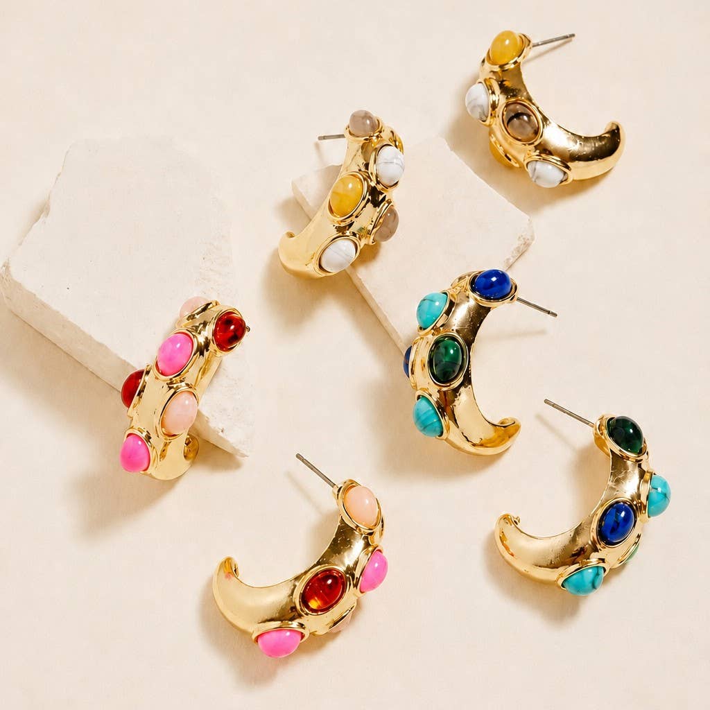 
                  
                    Cabochon Inlayed Chunky Crescent Hoop Earrings
                  
                