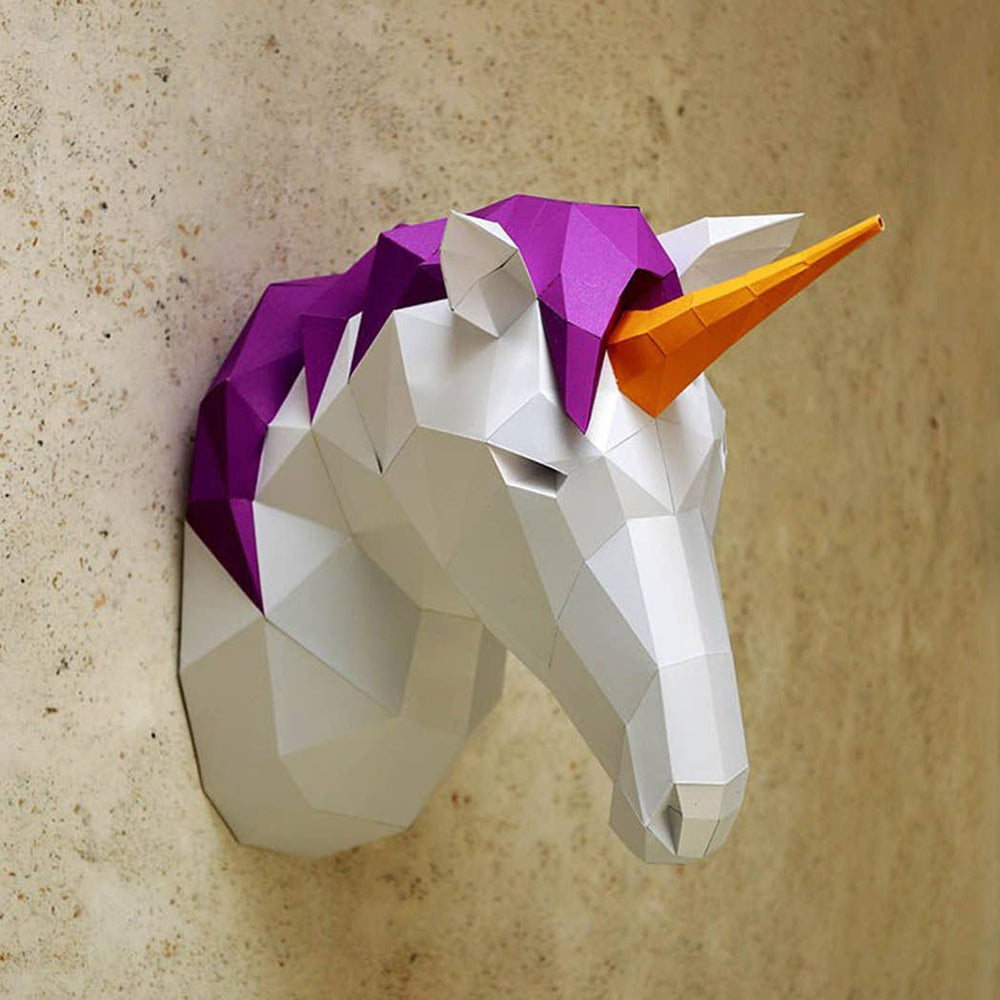 Unicorn faux wall mounted animal head made from diy kirigami paper wall art