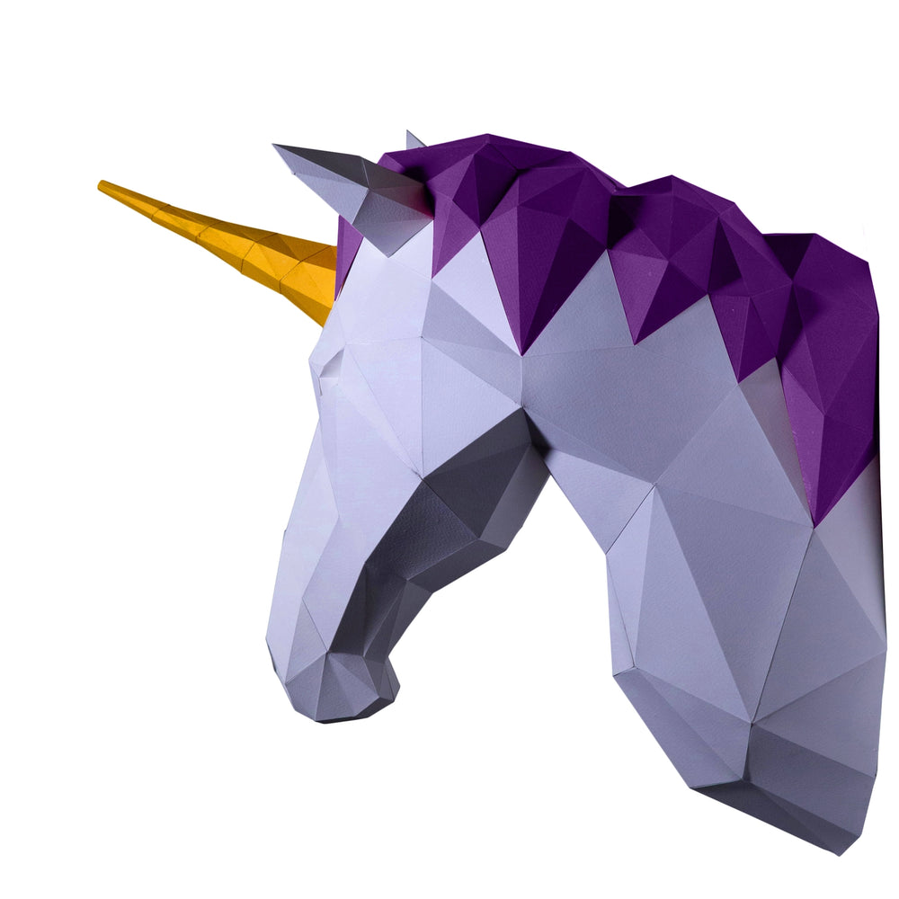 
                  
                    Side view of the Unicorn faux wall mounted animal head made from diy kirigami paper wall art
                  
                