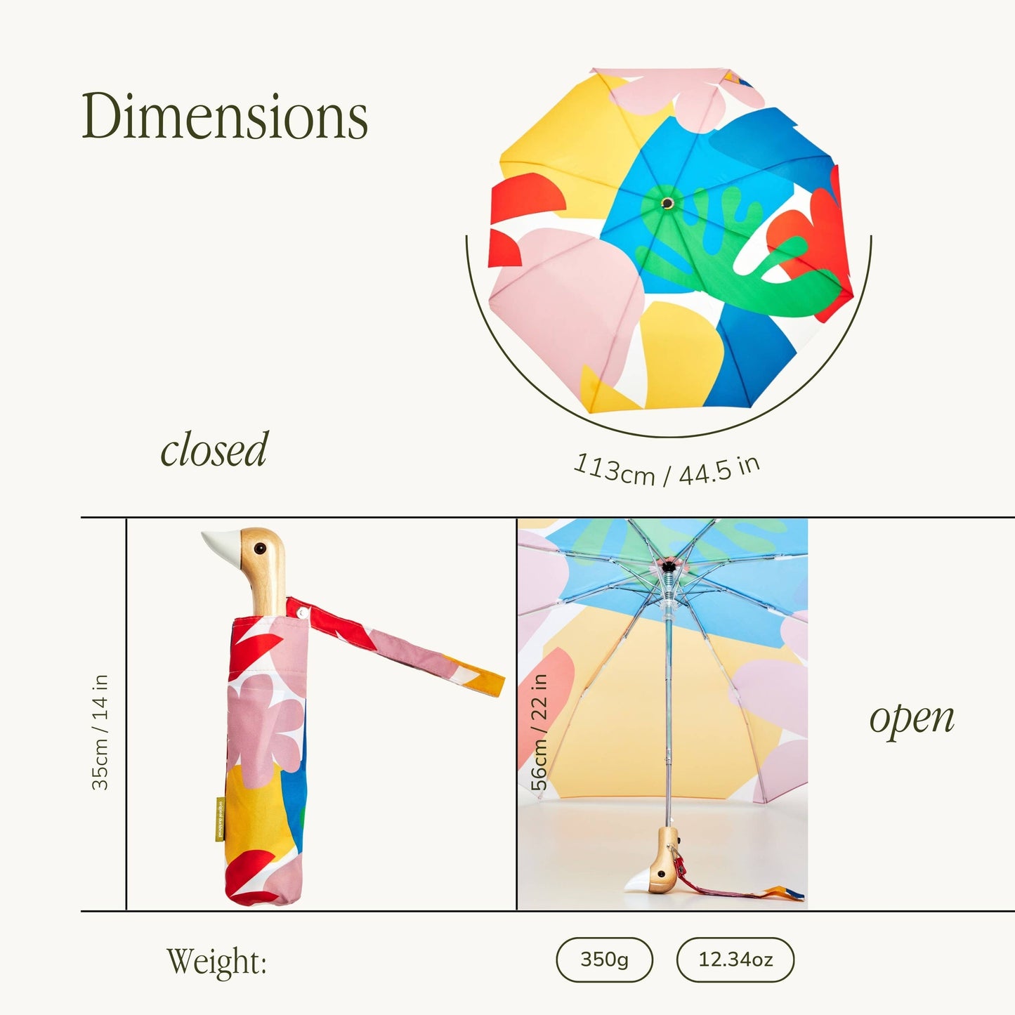 
                  
                    Dimension chart for the original duckhead umbrella in colorful Matisse pattern. 14 inches long when closed, 22 inches tall when open and 44.5 inch diameter.
                  
                