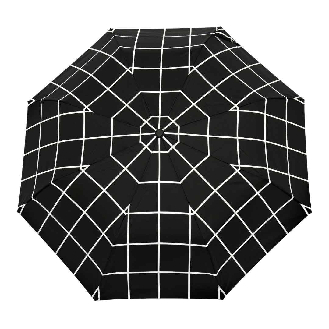 
                  
                    Full opened view of the original duckhead umbrella, with a black grid pattern
                  
                