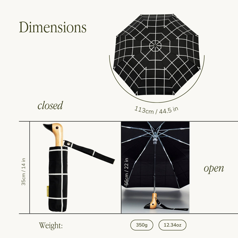 
                  
                    Dimension chart for the original duckhead umbrella in black grid pattern. 14 inches long when closed, 22 inches tall when open and 44.5 inch diameter.
                  
                