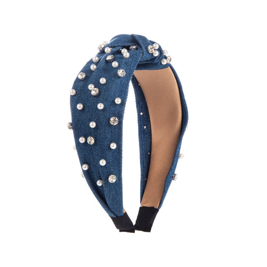 
                  
                    Pearl + Rhinestone Denim Top Knot Headband
                  
                