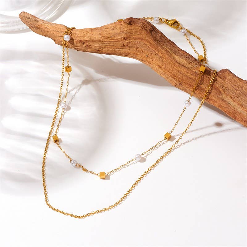
                  
                    Box Bead and Pearl Double Layered Necklace
                  
                