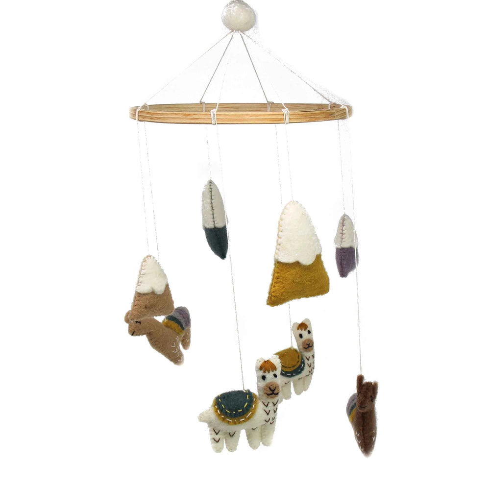 Felt crib mobile with four hanging llamas and mountains