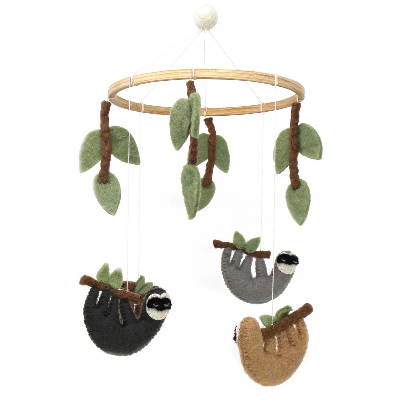 
                  
                    Felt crib mobile with light brown, gray, and dark brown hanging sloths
                  
                