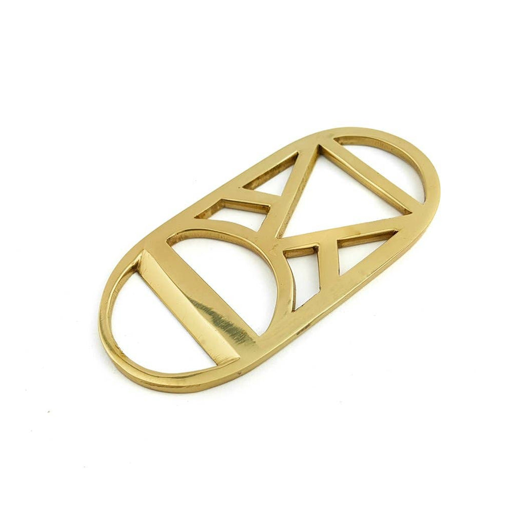 Brass geometric bottle opener with a triangle and circle design