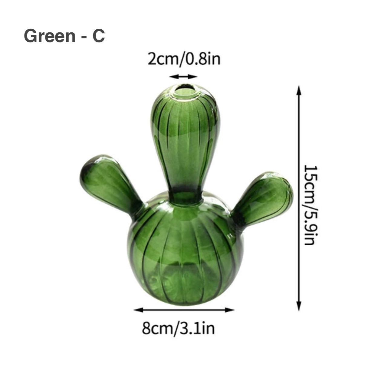 The short cactus green glass hydroponic vase measurement diagram, 15cm tall and 8 cm base excluding arms
