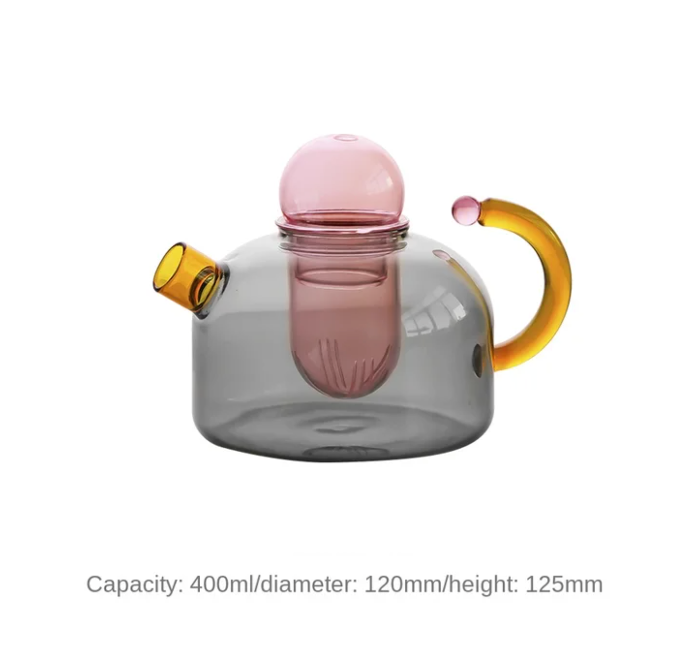 A glass teapot with built in tea strainer and lid in gray and pink