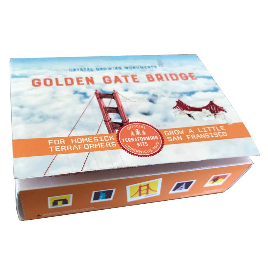 The packaging around the Golden Gate Bridge toy crystal growing kit