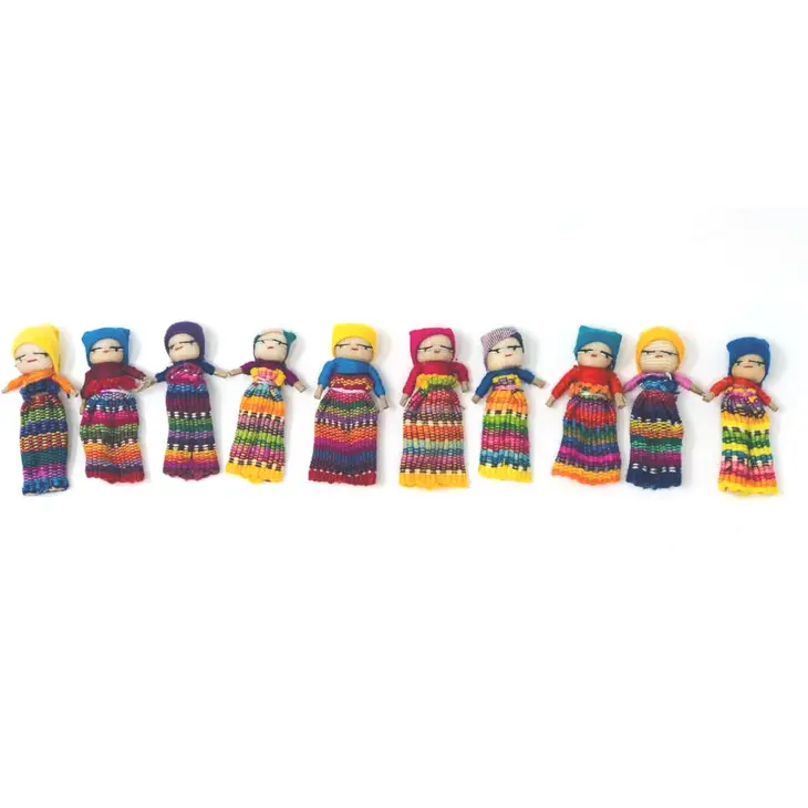 Ten Guatemalan worry dolls in a row