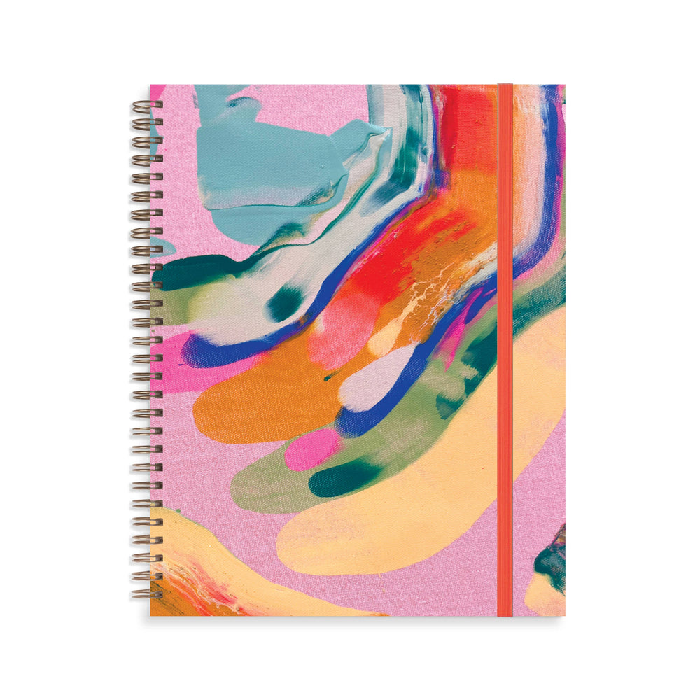 Hand painted notebooks in B5 composition book style with bold colorful swirls on pink background