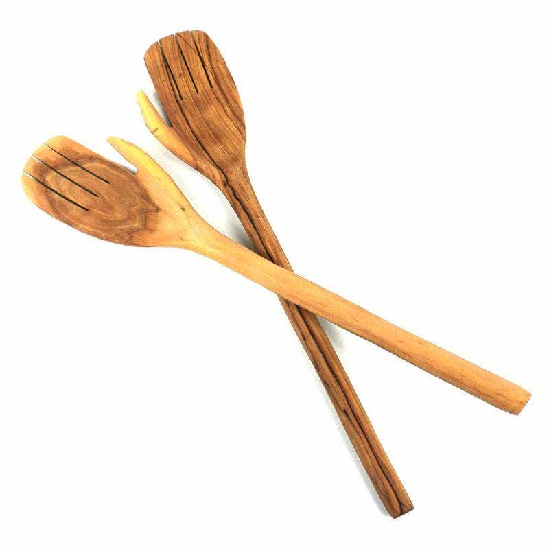 A set of helping hands olive wood salad servers. Each servers is hand carved into the shape of a hand