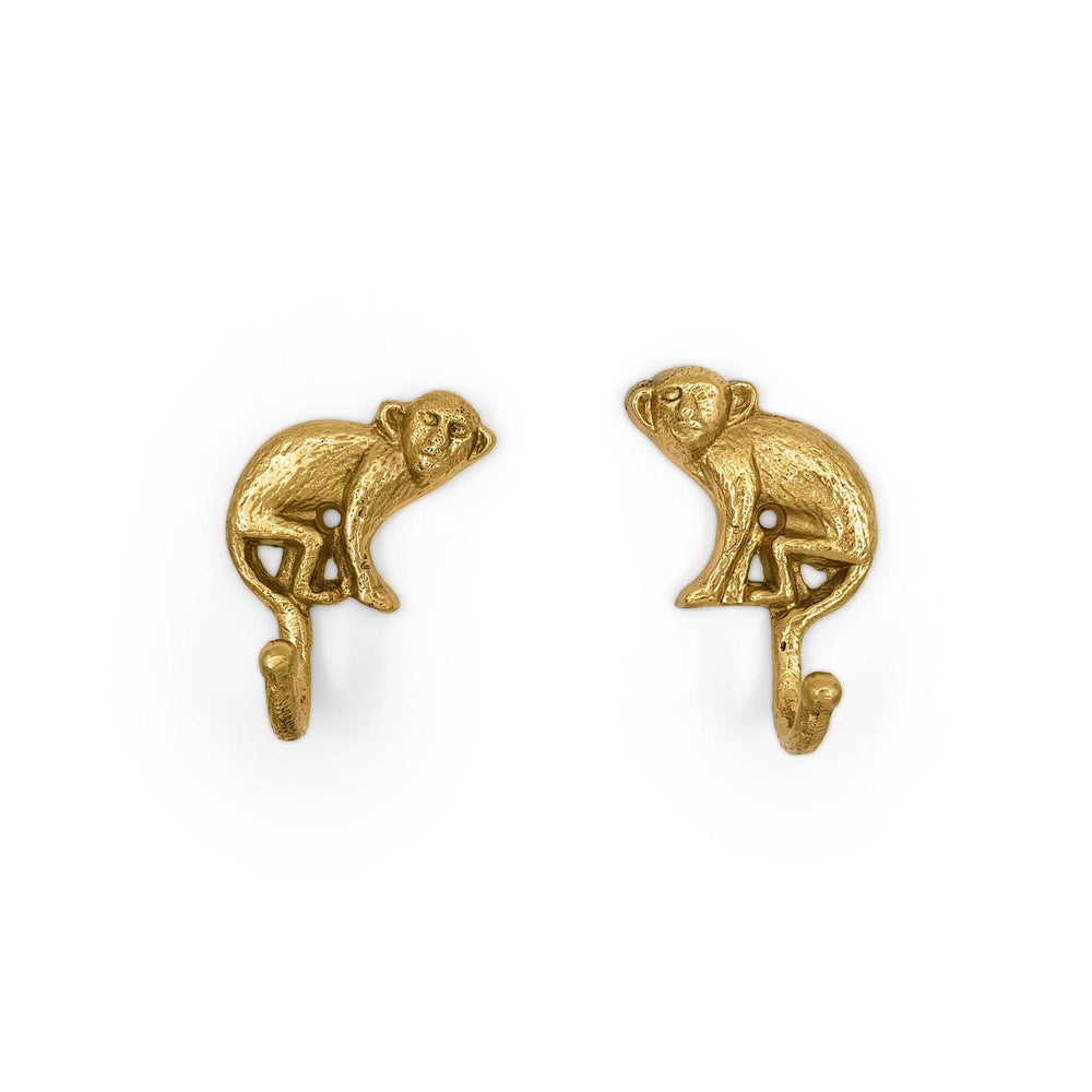 Pair of monkey jungle animal coat hooks in solid brass