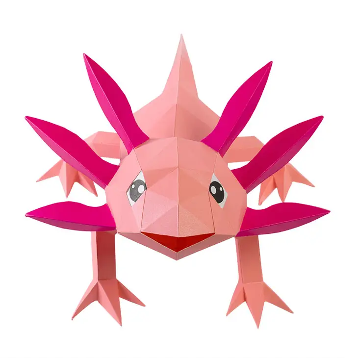 
                  
                    Front view of paper craft axolotl, created using kirigami art for beginners templates.
                  
                