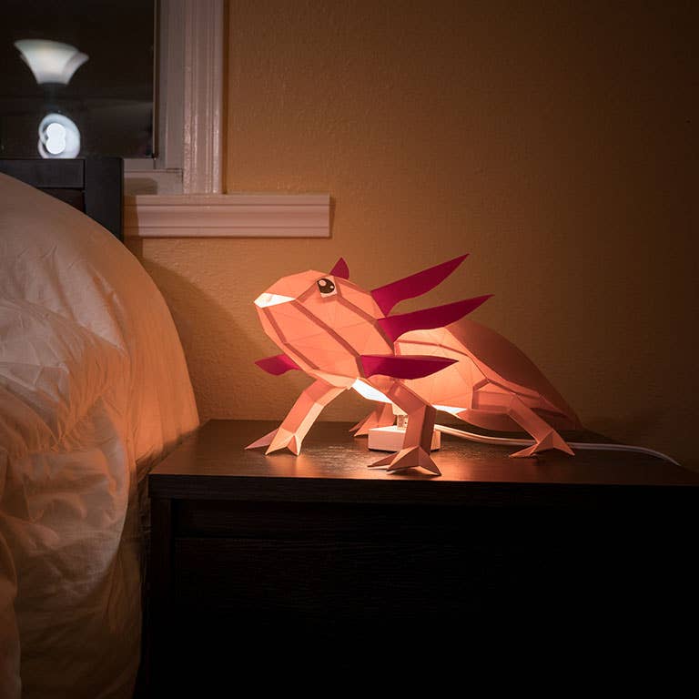 
                  
                    Glowing kirigami paper axolotl lamp resting on a bedside table
                  
                