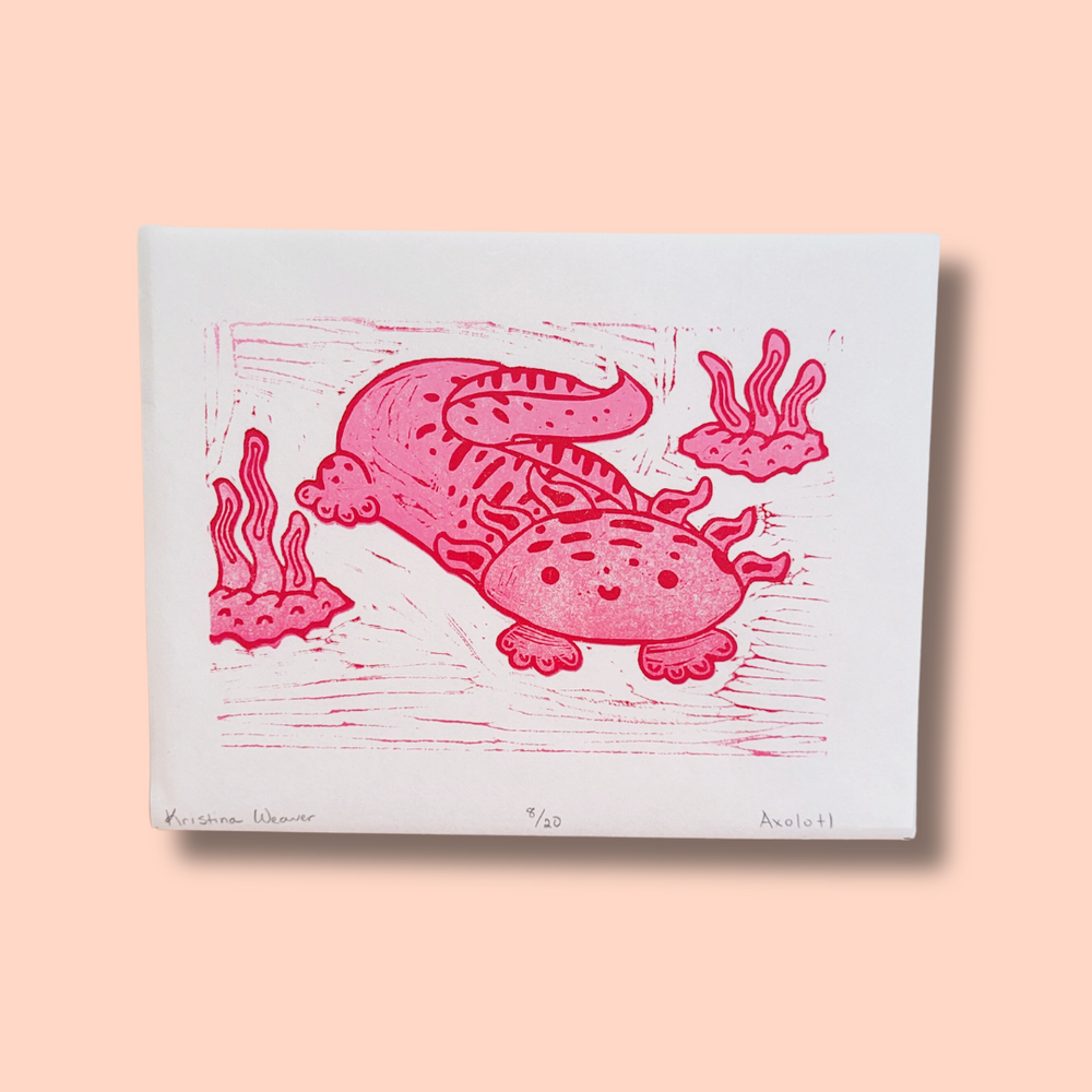 Pink Axolotl original block print by Kristina Weaver