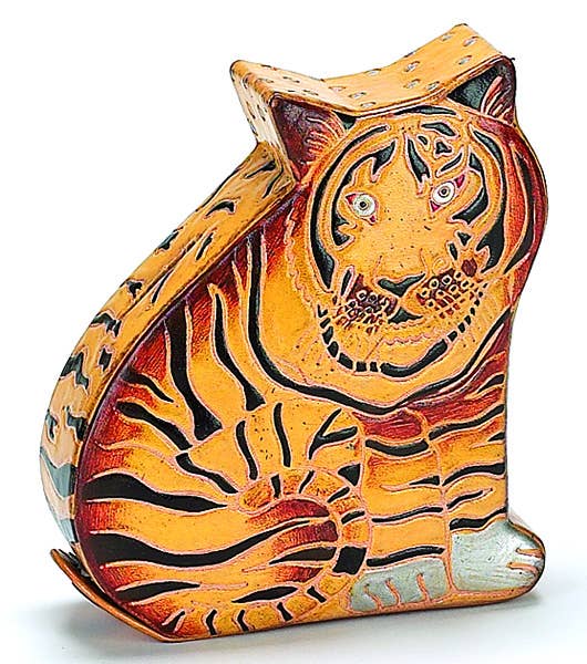 a colorful leather tiger bank with snapping closure