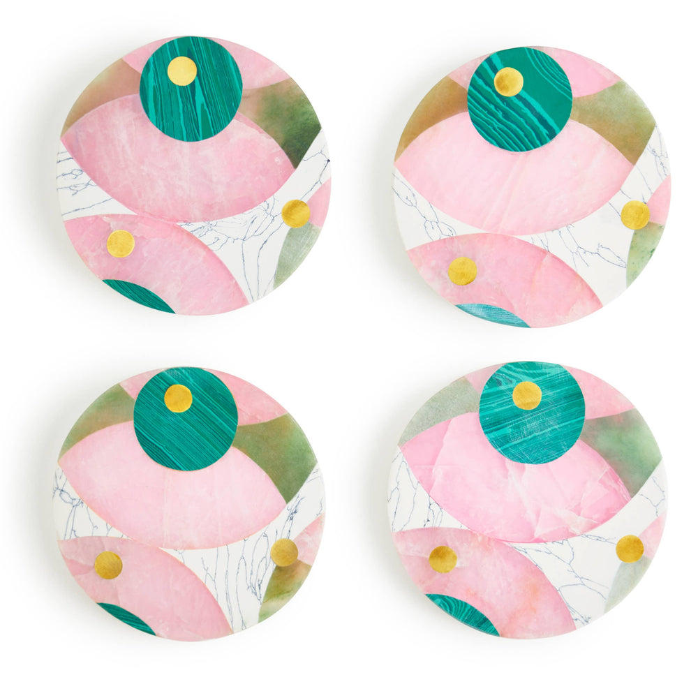 
                  
                    Four colorful marble coasters in turquoise, pink, and light green stone.
                  
                