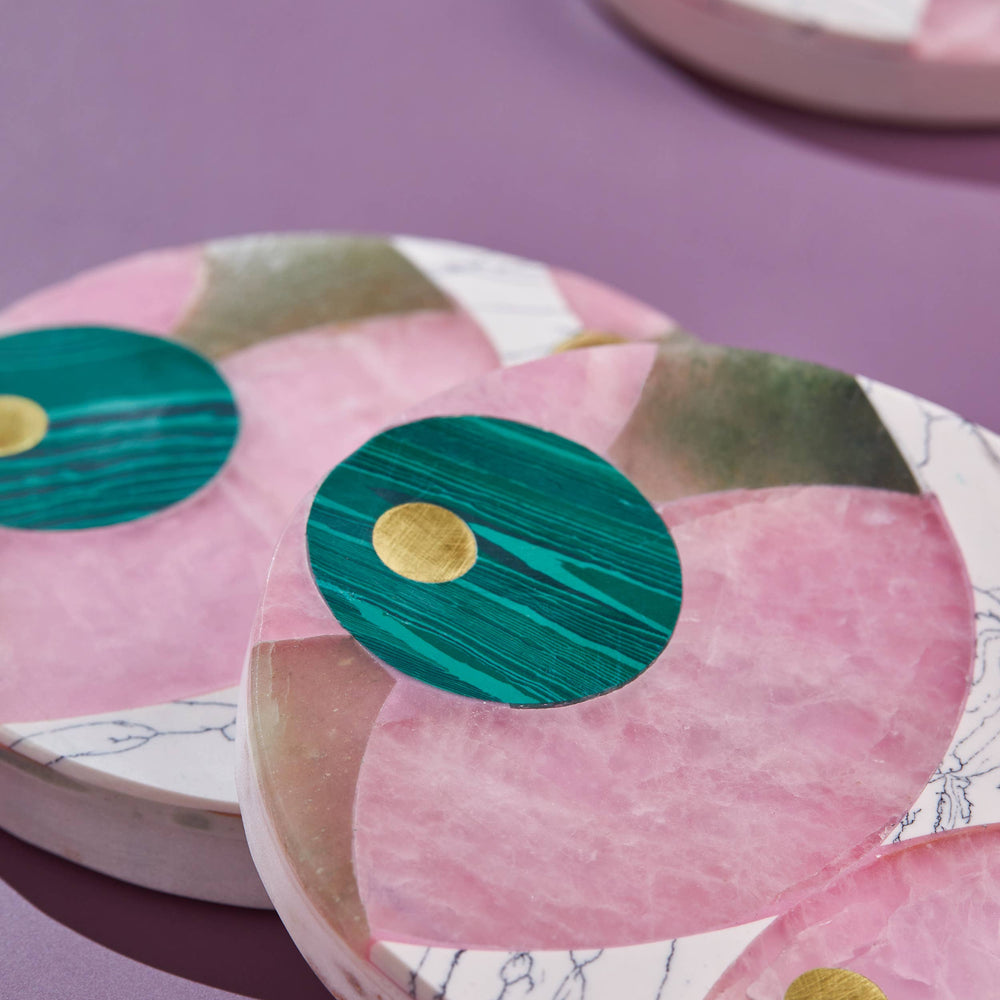 Close up on the beautiful marbling details on colorful marble coasters