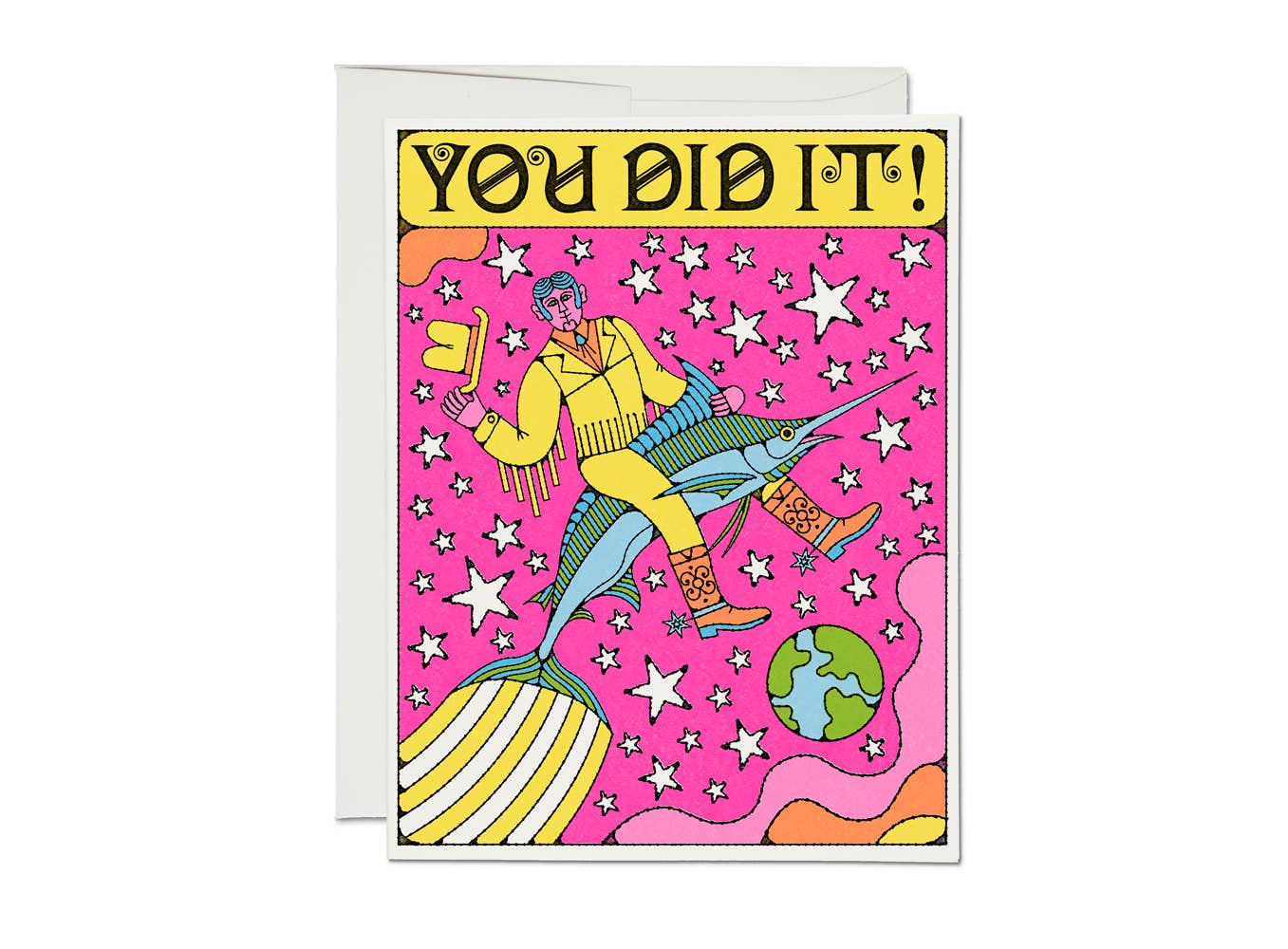 Cowboy riding a marlin through outer space greeting card with "You Did It!" text