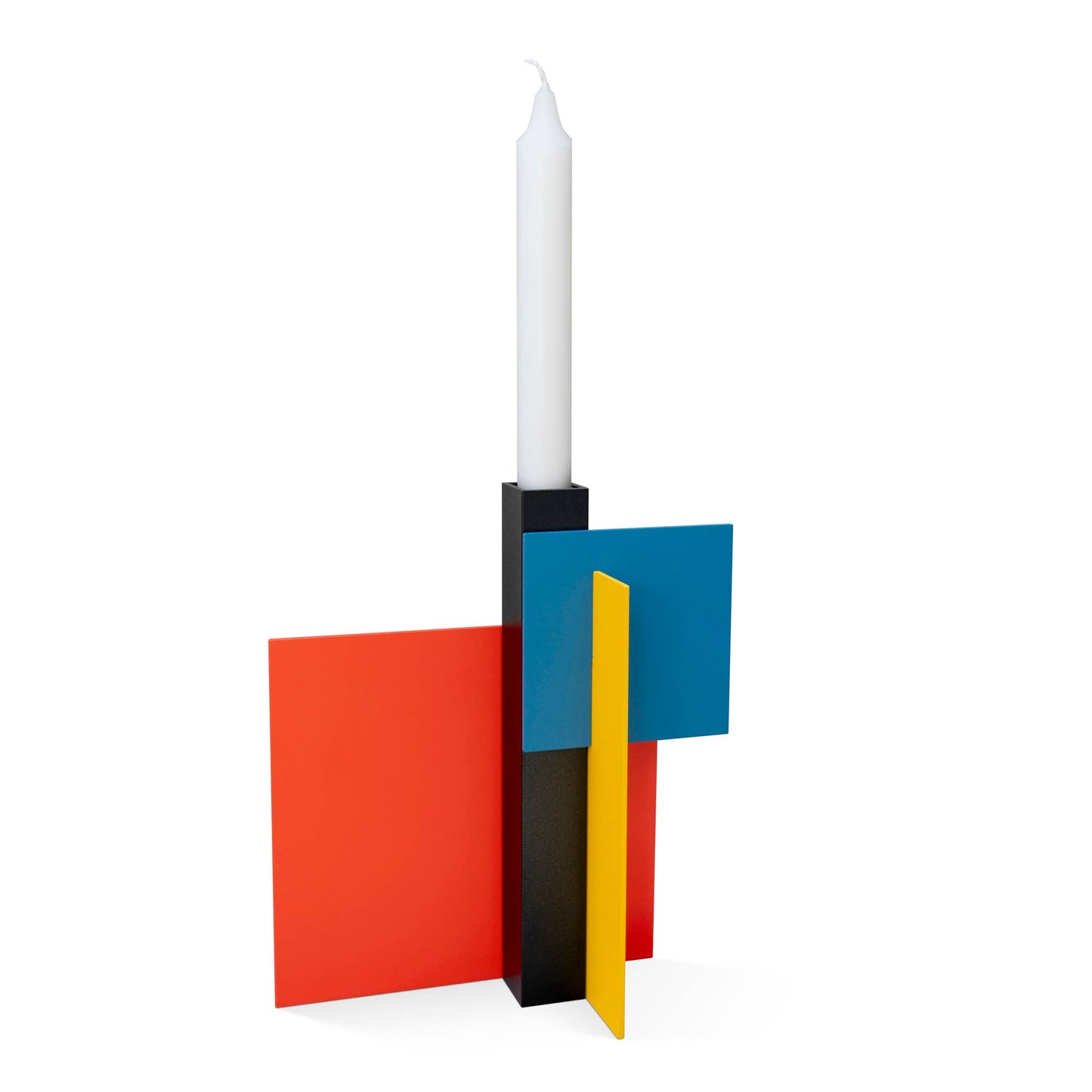 
                  
                    A sturdy metal candlestick holder in bold modern color block
                  
                