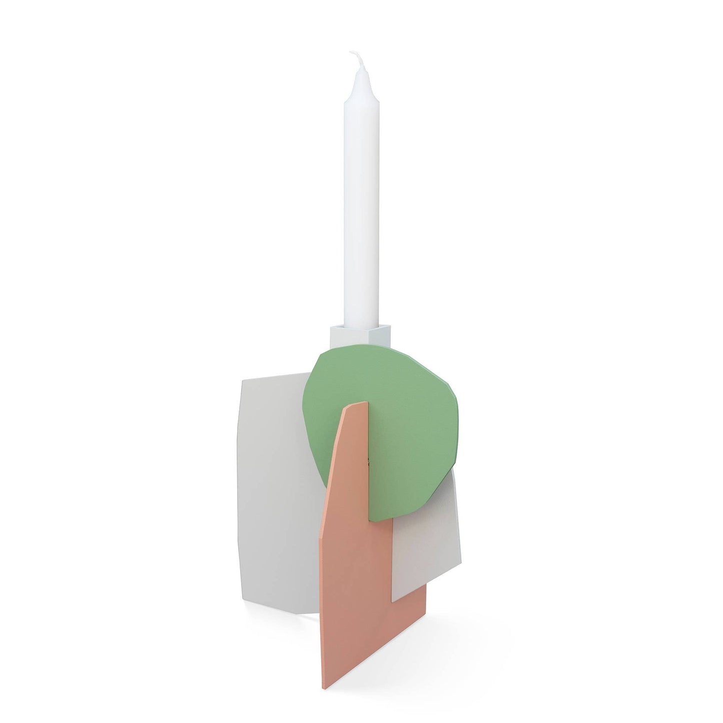 
                  
                    Matisse-inspired pastel metal candlestick holder in light green and salmon colors
                  
                