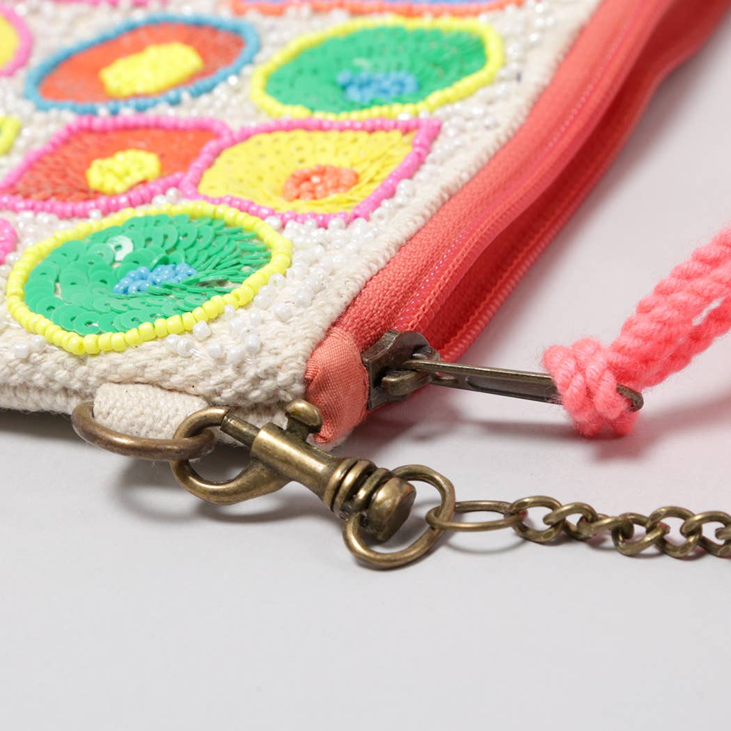
                  
                    zipper and strap detail on pom pom embroidered seed bead purse
                  
                