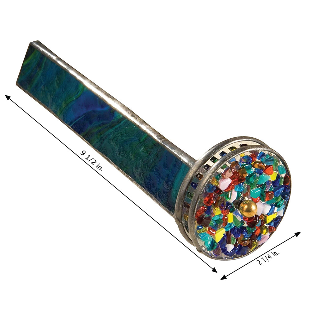 Size diagram for green blue stained glass kaleidoscope with confetti colored glass spinning optical wheels, 9.5 in x 2.25 in