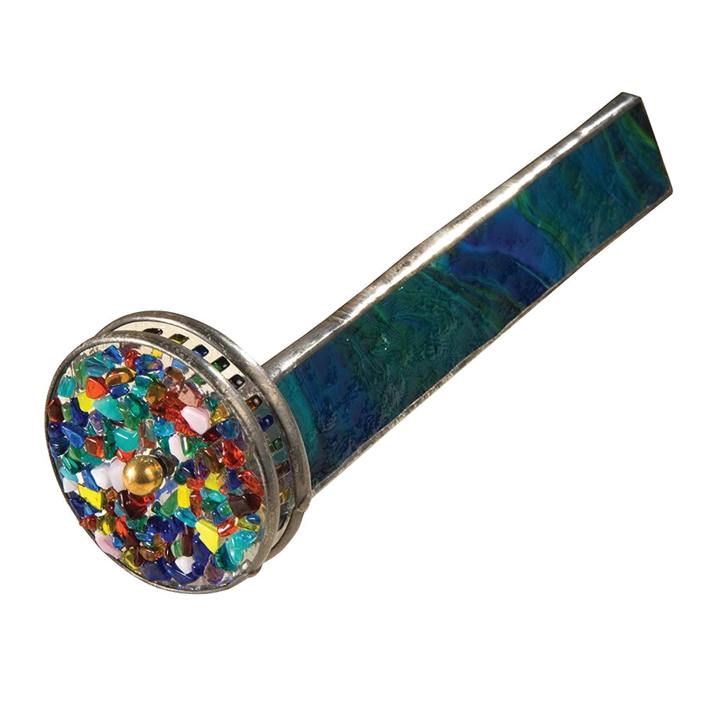 
                  
                    Green blue stained glass kaleidoscope with confetti colored glass dual spinning wheels
                  
                
