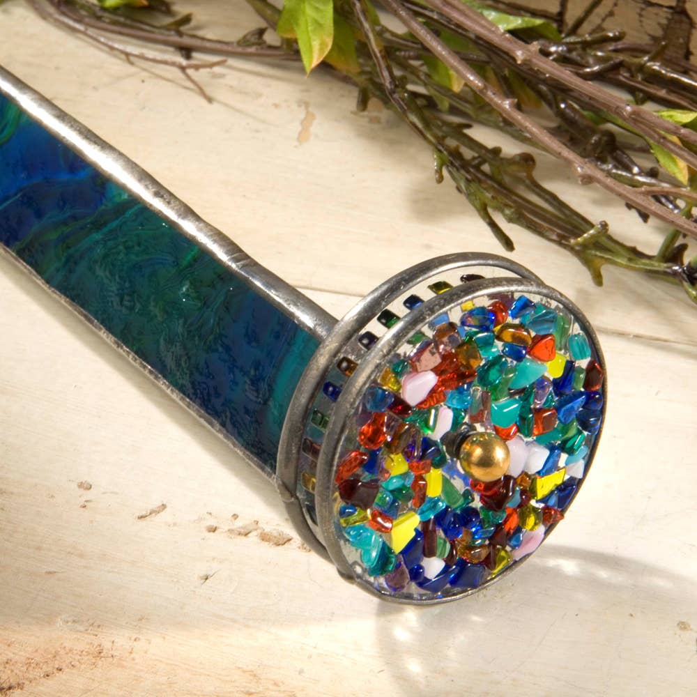 
                  
                    Green blue stained glass kaleidoscope with confetti colored glass spinning optical wheels
                  
                