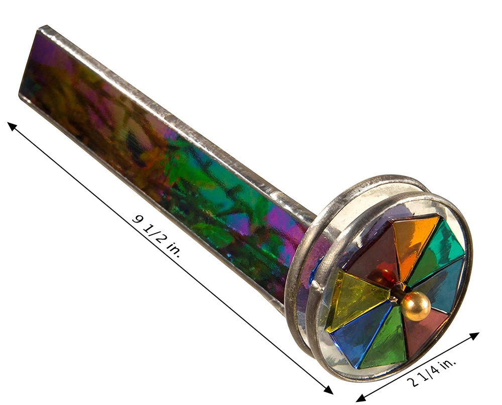 
                  
                    Size diagram of stained glass kaleidoscope with iridescent barrel and color pinwheel, 9.5 in x 2.25 in
                  
                