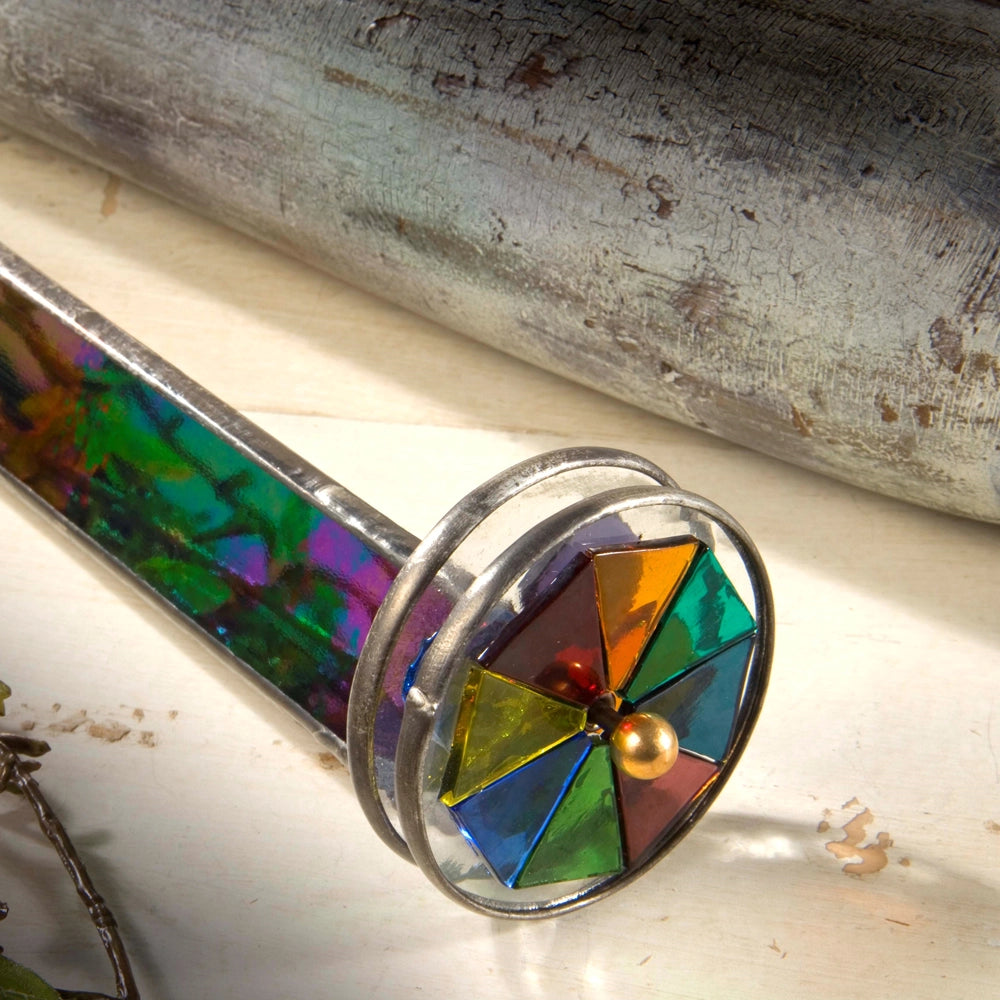 Stained glass kaleidoscope with iridescent barrel and color pinwheel