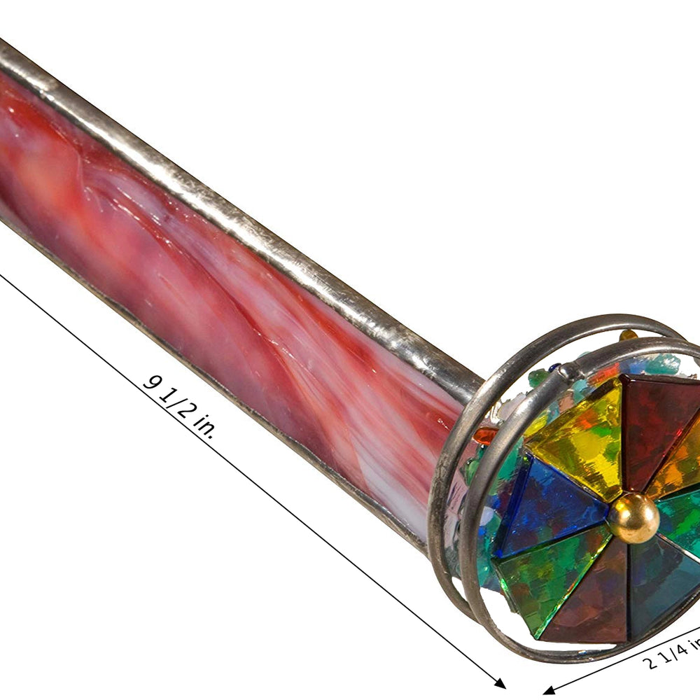 Size diagram for red stained glass kaleidoscope with primary color stained glass spinning pinwheel, 9.5 in x 2.25 in