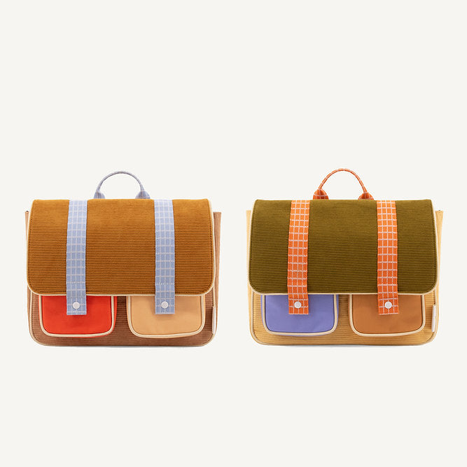 Sticky Lemon messenger bag style small backpacks in green and khaki corduroy, available for Sticky Lemon USA customers